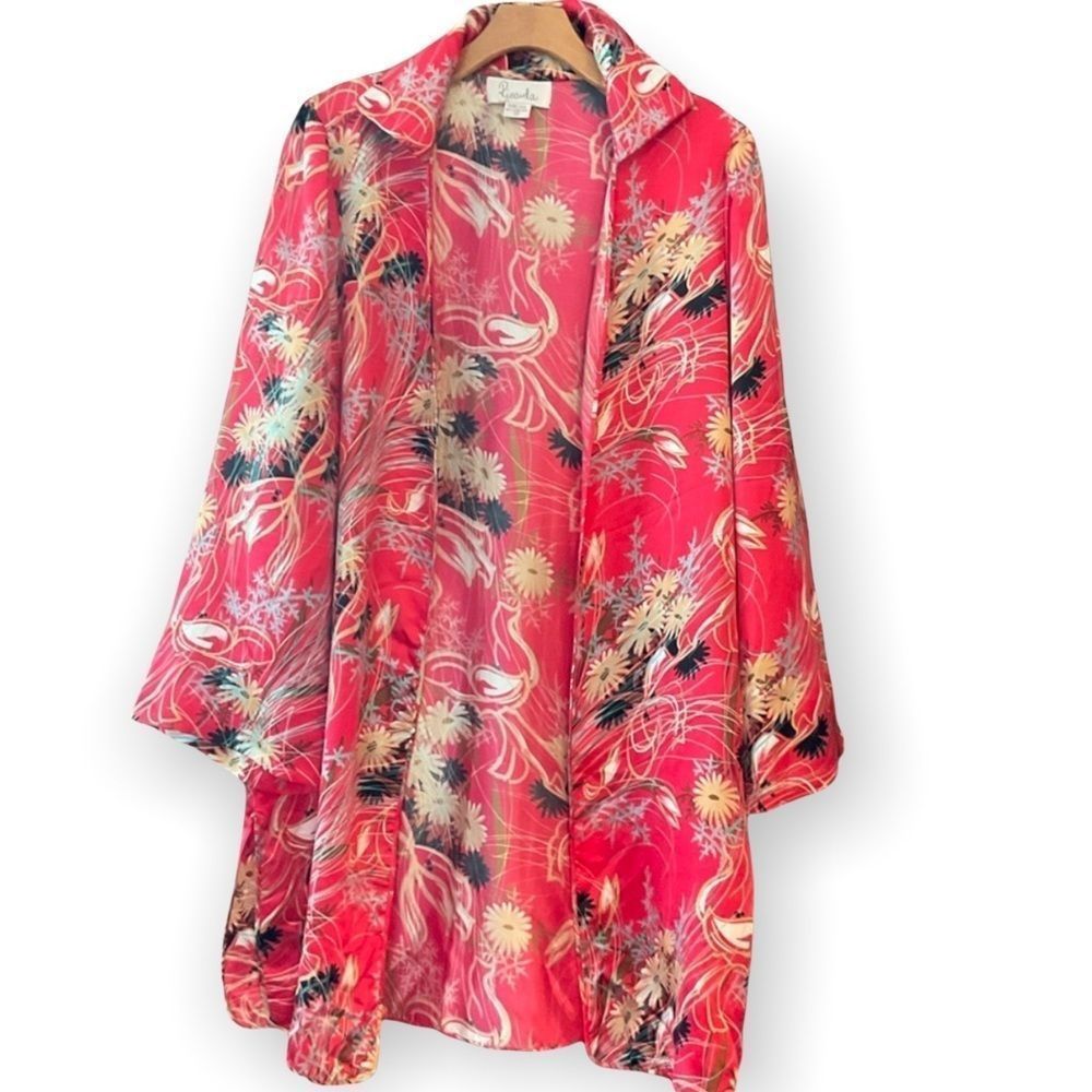 Ricarda S Orange Asian Floral Design 100% Silk Flowy Bell Sleeves Open Kimono